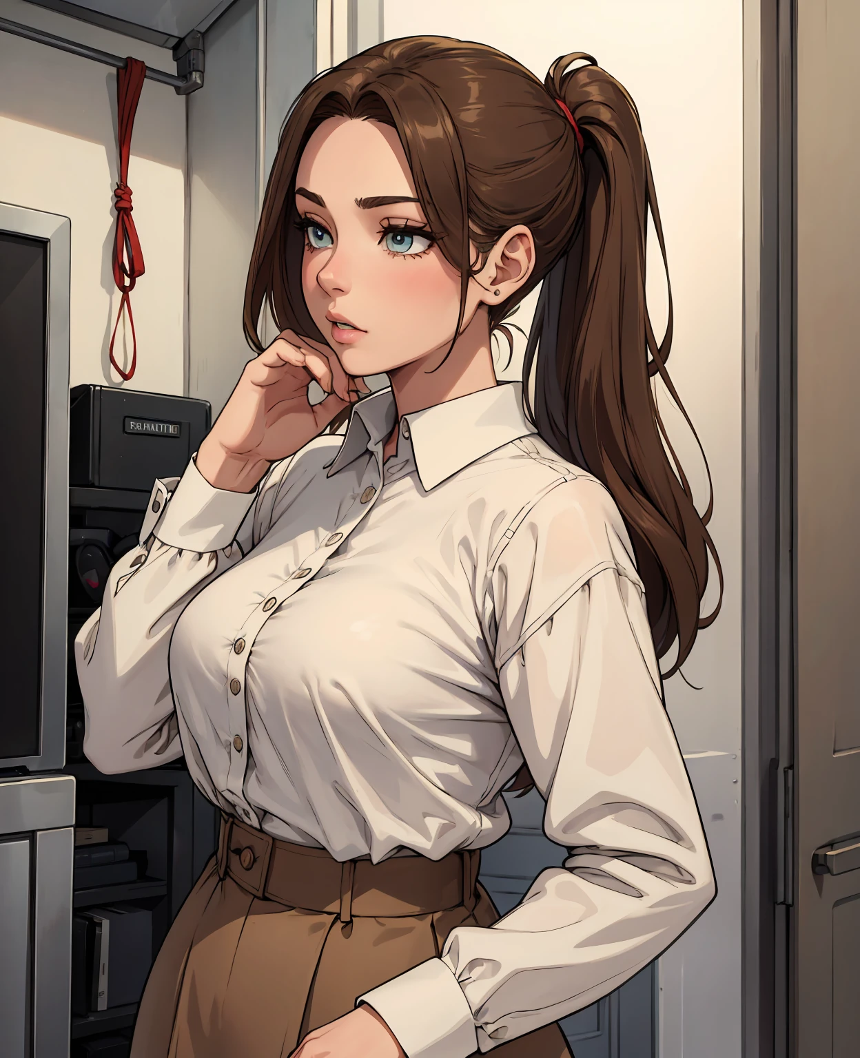 Emily is a 23-year-old with light brown hair, usually stuck in a bun or ponytail. His eyes are green and expressive, conveying his gentle and warm personality. She has an average height, about 1.65m, with a slender and well-defined figure due to her physical exercise routine. Emily likes to dress simply and comfortably, wearing practical clothes, long sleeve blouse and neutral colors. She usually wears little makeup, preferring a natural look. Best quality, realistic photo, 32 k.