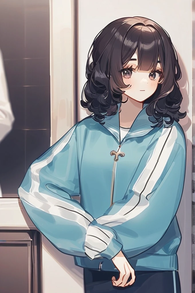 ((Лучшее качество)), ((шедевр)), (подробный), a girl with dark hair and bangs, a tracksuit