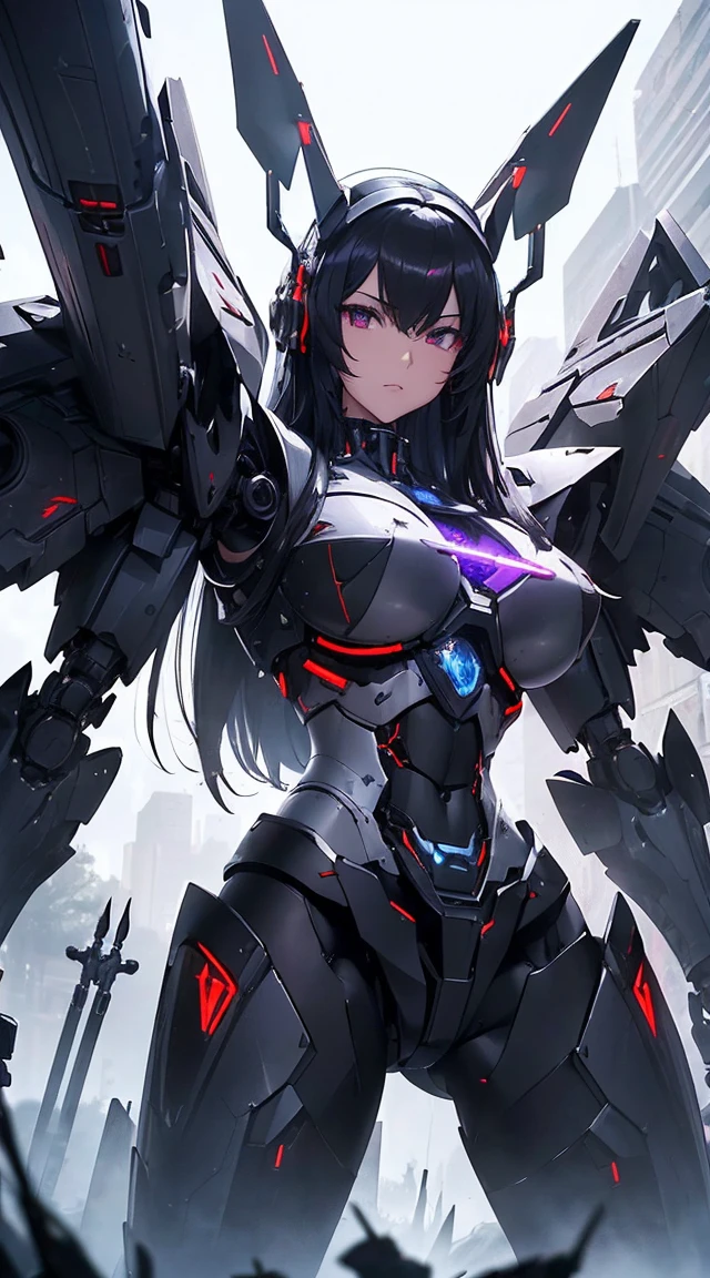 ((Shining lenses on both breasts:1.3))、((Pillars of red light radiate from both chests..:1.3))、((Attack pose:1.6))、((He has a red sword and a long rifle:1.6))、((Battle Scenes:1.8))、((8K)), ((32k)), ((Highest quality)), ((masterpiece)), ((超A high resolution)), ((Tmasterpiece)), ((Halation:1.4))、((Mechaニカルheadgear:1.2))、((Cyber Headphones:1.3))Fine skin, High quality fabric, High-quality metal texture、((Beautiful and dense face))、RAW Photos、Professional, Ultra-fine painting, ((alone)), Beautiful breasts、Highest quality, Very detailed, Very detailed詳細, Finer details, so beautiful, ((Black Knight Robot:1.2)),  (Joint of the machine, Mechanical Limbs:1.3), (The internal structure of the machine is exposed:1.3), (Long black hair:1.1), (Beautiful and huge mechanical breasts)、White Veil, cowboy_shot, Side Focus, headgear, Shiny、(Five Fingers, Four fingers and thumb),Concept Art, Anime fantasy artwork, Detailed fantasy art, (Has light blue-purple hair and black wings,,,,,,), (((Long black hair))), (Mecha:1.6)、Sleek and intimidating design,  (Jet black perfect robot body)、Jet black and reddish purple arms, Symmetrical wings, 8K High Resolution, Detailed Art, 3D rendering of character art in 8K, neat legs, Defined, Defined fingers,((headshot:1.6))
