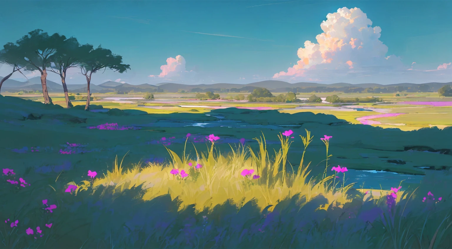 16k quality, masterpice, epic light, natural
Subsurface scattering on plants, big and gorgeous skies, ultra detailed flowers with different colors, dinamic river being by grass, contrast and joyfull colors