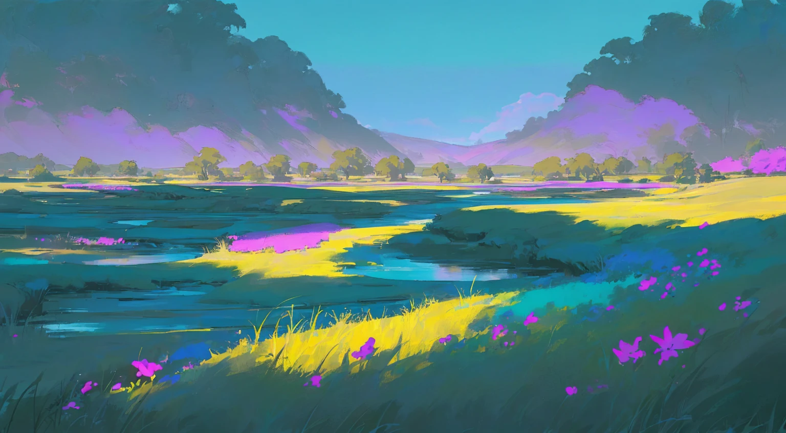 16k quality, masterpice, epic light, natural
Subsurface scattering on plants, big and gorgeous skies, ultra detailed flowers with different colors, dinamic river being by grass, contrast and joyfull colors