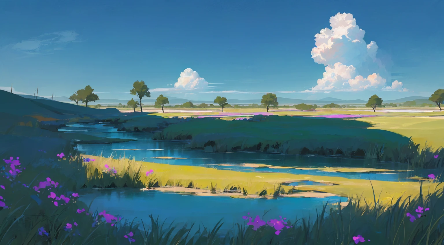 16k quality, masterpice, epic light, natural
Subsurface scattering on plants, big and gorgeous skies, ultra detailed flowers with different colors, dinamic river being by grass, contrast and joyfull colors