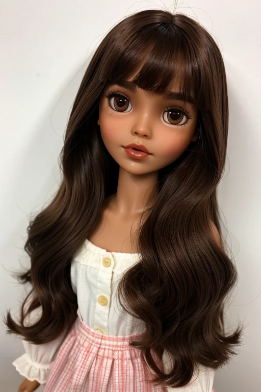 A brown skin blythe doll, long hair with sparse brown bangs, dark brown eyes, long eyelashes, brown lips