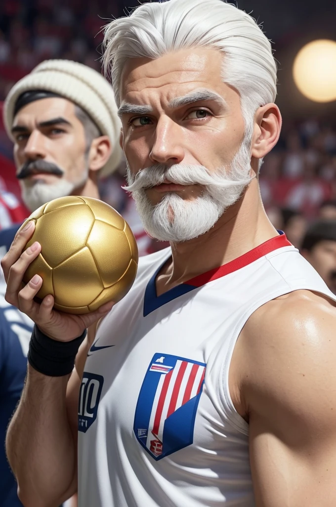 Man with white hair with elastic on his head and white mustache , holding a golden ball at the atlético de madrid team , video game style 