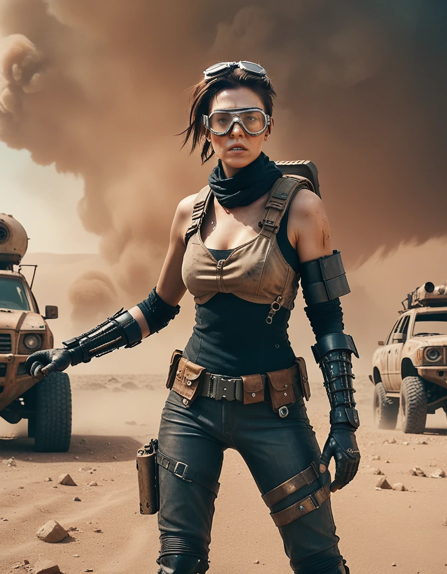 a post-apocalyptic desert landscape, a woman with a bionic arm, fierce expression, leather outfit, goggles, scavenging for resources, rusted vehicles, dust storm, dramatic lighting, gritty, cinematic composition, muted color palette, (best quality,4k,8k,highres,masterpiece:1.2),ultra-detailed,(realistic,photorealistic,photo-realistic:1.37),cinematic,dystopian,post-apocalyptic