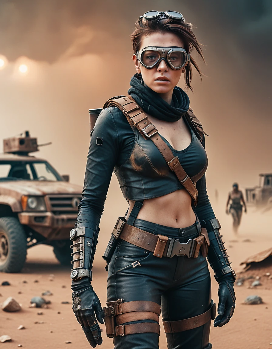 a post-apocalyptic desert landscape, a woman with a bionic arm, fierce expression, leather outfit, goggles, scavenging for resources, rusted vehicles, dust storm, dramatic lighting, gritty, cinematic composition, muted color palette, (best quality,4k,8k,highres,masterpiece:1.2),ultra-detailed,(realistic,photorealistic,photo-realistic:1.37),cinematic,dystopian,post-apocalyptic