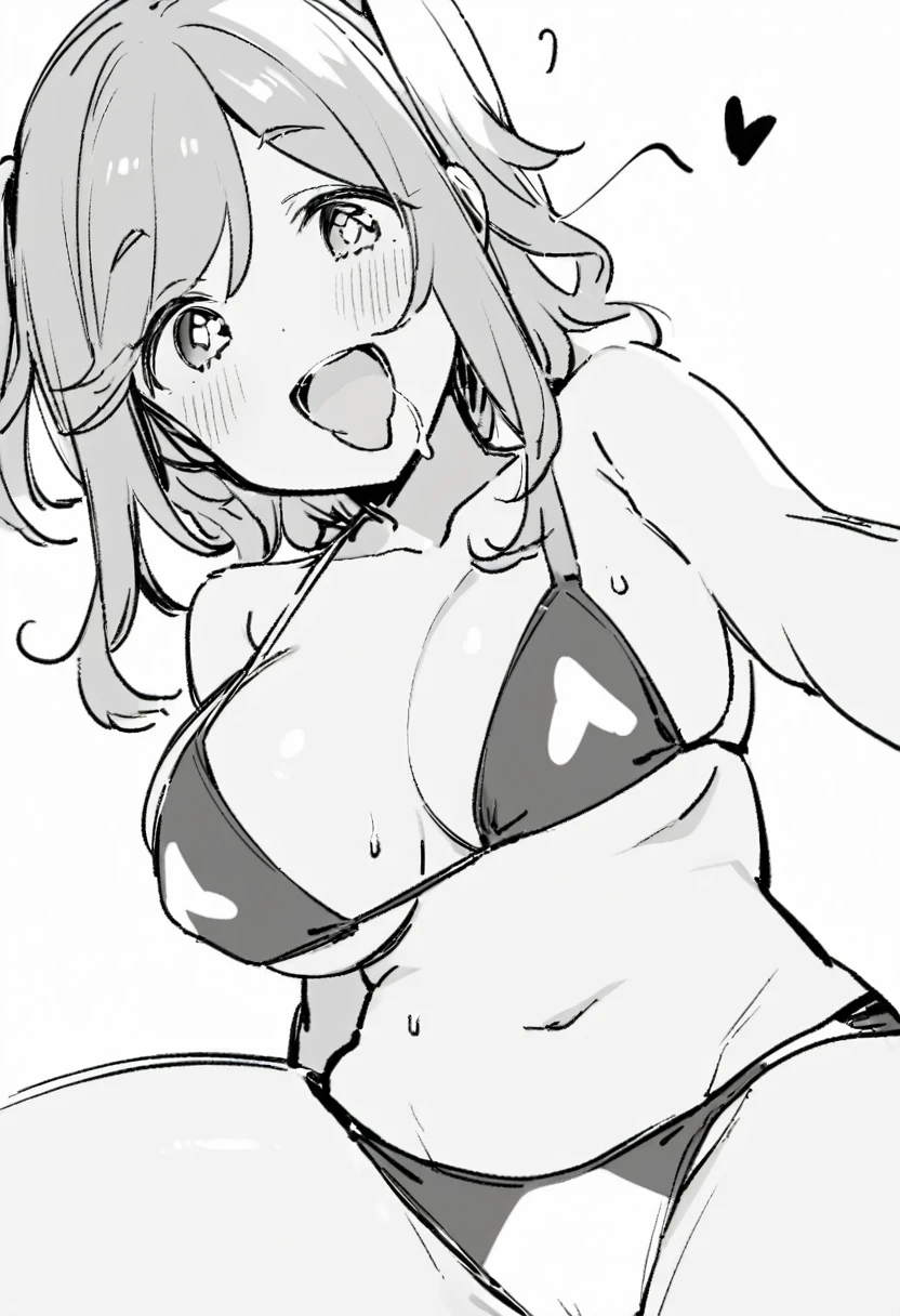 nsfw,aoi_inuyama,inuyama_aoi,yuru_camp,solo girl, heart shaped pupils,[[miuku],thick eyeblow,side of view,bikini,shake motion,smile,open mouth,stick tongue out,sexually flirtatious glance,looking at viewer,saliva trail,view from below,large breasts, line drawing, 
