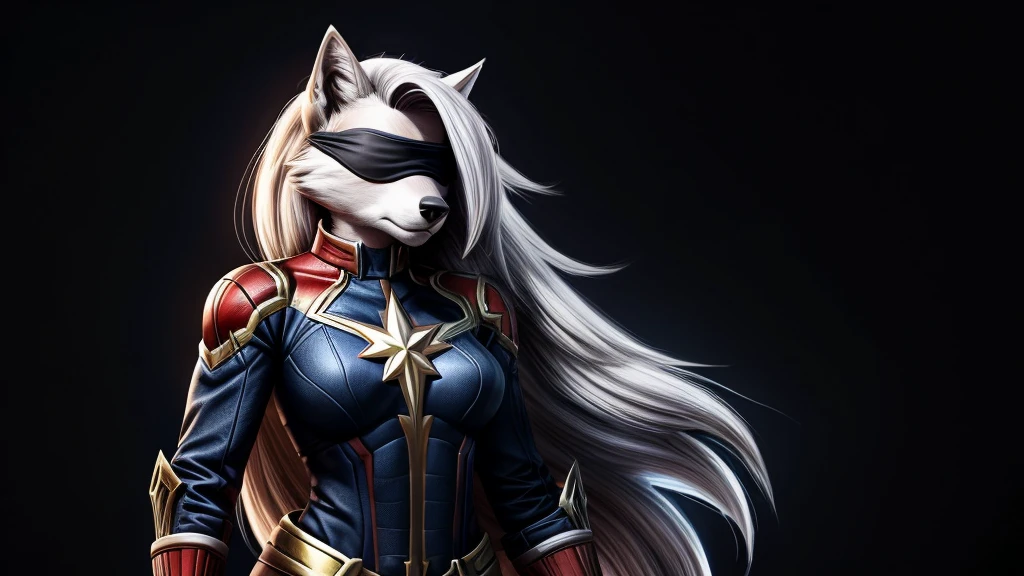 Loona from Helluva Boss, female white wolf, anthro, short white hair, blindfold, Captain Marvel outfit, standing, serious, clear background, dark lighting, detailed, solo, beautiful, high quality, 4K