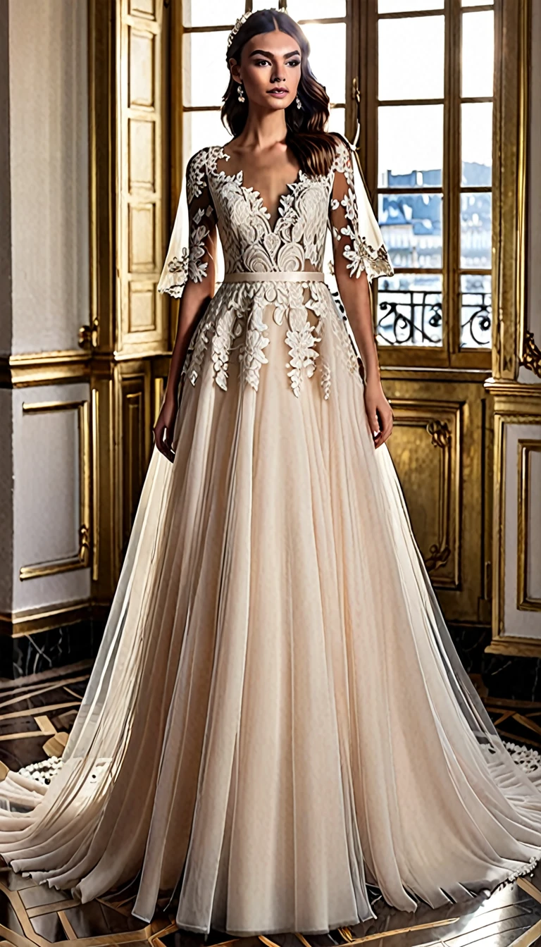 The dress was a masterpiece of haute couture., designed to enhance your natural beauty and capture the essence of romance and elegance. Here is the detailed description so you can create it with the help of artificial intelligence:
**General Design:**
- The dress has a classic and timeless cut, with a fitted silhouette at the top that gently flares downwards, creating a slim and elegant figure.
**Material and Texture:**
- It is made of high quality French lace, known for its delicacy and detail. The lace has intricate patterns including flowers and leaves, hand embroidered with silk threads and crystal decorations.
**Neckline and Sleeves:**
- The dress has an illusion neckline, with finely edged edges with lace that extends delicately over the shoulders. The sleeves are long and transparent, also decorated with lace embroidery and crystal applications that add a subtle shine.
**Waist and Skirt:**
- The waist is marked with a thin lace band that highlights the figure. The skirt begins to flare out just below the waist, forming layers of soft, light tulle that fall in loose, fluid folds.
**Additional details:**
- The dress has a low V-shaped back, decorated with more lace and crystal details that continue towards the train. The line is long and dramatic, adorned with more lace that spreads in a cascade of details onto the floor.
**accessories:**
- Complementing the dress, a soft and transparent tulle veil, with finely edged edges with more lace and small crystal applications. The veil cascades from an elegant hairstyle, adorned with pearls and small white flowers.
This dress is not only a fashion piece, but a work of art that captures the beauty and grace on this special day.