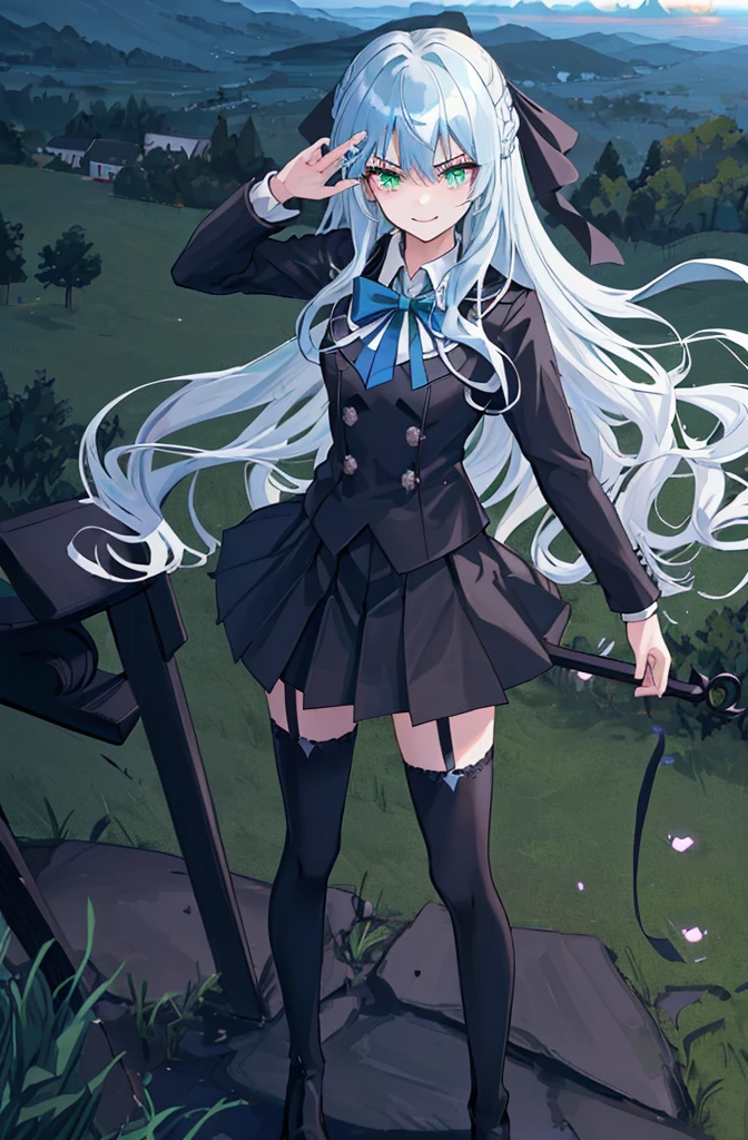 hill background,original,(illustration:1.1),(best quality),(masterpiece:1.1),(extremely detailed CG unity 8k wallpaper:1.1), (colorful:0.9),(mid shot:0.95),(highly detailed beautiful face and body),(solo:1.2), (girl),(((adult))), (detailed beautiful eyes:1.15), (beautiful face:1.15), (glowing green eyes:1.25////),((jewel-like eyes)),(petite),(cute girl),(((blue long hair))),((blue long hair)),(wavy hair),((wavy hair)),(+perfect hand+:1.21),(gothic school uniform),(Religious),(slender),(black clothes),(gothic ribbon),ribbon tie,small breasts,miniskirt,gothic boots,black thighhighs,slim body,(evil smile),detailed background,eluding,erotic thighs,((stand ready for enemy attack)),((on the hill)),((angle from above)),(angry),slightly elevated location,There is a little grass and trees around,You can see the village in the distance,from side,