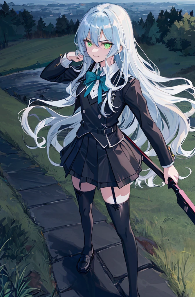 hill background,original,(illustration:1.1),(best quality),(masterpiece:1.1),(extremely detailed CG unity 8k wallpaper:1.1), (colorful:0.9),(mid shot:0.95),(highly detailed beautiful face and body),(solo:1.2), (girl),(((adult))), (detailed beautiful eyes:1.15), (beautiful face:1.15), (glowing green eyes:1.25////),((jewel-like eyes)),(petite),(cute girl),(((blue long hair))),((blue long hair)),(wavy hair),((wavy hair)),(+perfect hand+:1.21),(gothic school uniform),(Religious),(slender),(black clothes),(gothic ribbon),ribbon tie,small breasts,miniskirt,gothic boots,black thighhighs,slim body,(evil smile),detailed background,eluding,erotic thighs,((stand ready for enemy attack)),((on the hill)),((angle from above)),(angry),slightly elevated location,There is a little grass and trees around,You can see the village in the distance,from side,