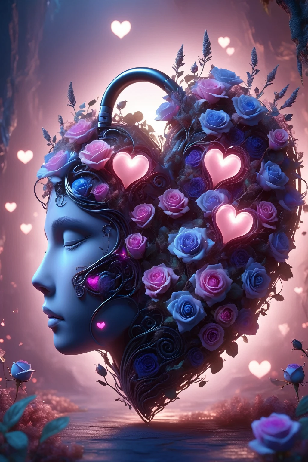 Digital Art,Concept Art,Octane Rendering,Unreal Engine,Dreamy scene,Delicate and rich light and color,Great light and shadow effects and color combinations,Aesthetic and romantic,Surreal,Magic,Fantasist,wonderful,
Shine [pink|purple] Transparent roses and glowing blue plants (Heart-shaped:1.5) headphone,