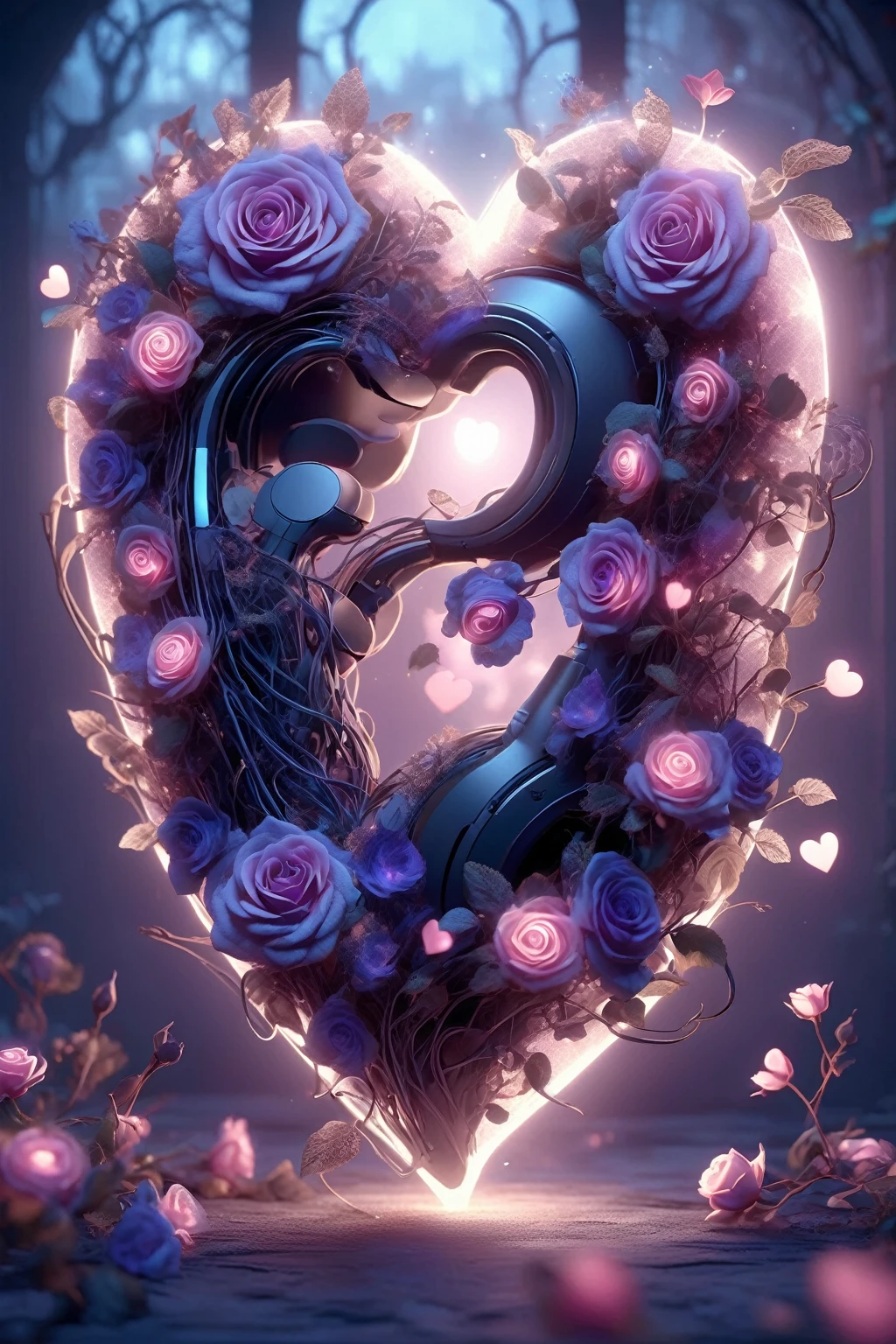 Digital Art,Concept Art,Octane Rendering,Unreal Engine,Dreamy scene,Delicate and rich light and color,Great light and shadow effects and color combinations,Aesthetic and romantic,Surreal,Magic,Fantasist,wonderful,
Shine [pink|purple] Transparent roses and glowing blue plants (Heart-shaped:1.5) headphone,