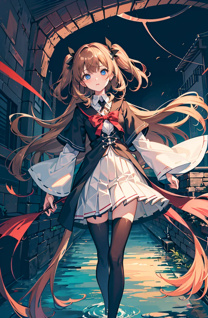 1girl,  solo, outdoors, long hair, holy place, Original,(Illustration:1.1),(Best Quality),(masutepiece:1.1),(the Extremely Detailed CG Unity 8K Wallpapers:1.1), (Colorful:0.9),(mid-shot:0.95),(extremely detailed beautiful face),(Solo:1.2), (girl),(((Lori))), (Detailed beautiful eyes:1.15), (Beautiful face:1.15), (Glowing blue eyes:1.25////),(((Brown Long Hair))),(two side up),(+perfect hand+:1.21),(Draw illustration of Japan priestess costume),(slender),(White pleated skirt),(Gothic),((black thighhighs)),(frilld),(Beautiful Slender Lolita Girl),hallowween,standing, girl,10 years old,  girl,underground waterway,((dark place)),((dark place)),((dark place)),((dark place)),((Dark underground canals where light does not reach)),