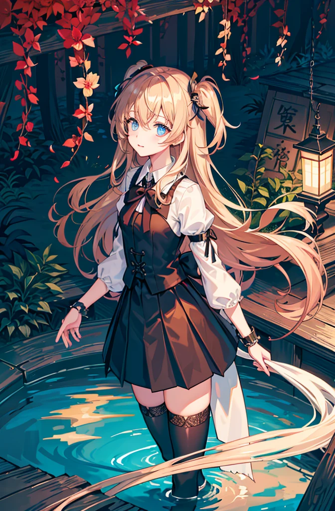 1girl,  solo, outdoors, long hair, holy place, Original,(Illustration:1.1),(Best Quality),(masutepiece:1.1),(the Extremely Detailed CG Unity 8K Wallpapers:1.1), (Colorful:0.9),(mid-shot:0.95),(extremely detailed beautiful face),(Solo:1.2), (girl),(((Lori))), (Detailed beautiful eyes:1.15), (Beautiful face:1.15), (Glowing blue eyes:1.25////),(((Brown Long Hair))),(two side up),(+perfect hand+:1.21),(Draw illustration of Japan priestess costume),(slender),(White pleated skirt),(Gothic),((black thighhighs)),(frilld),(Beautiful Slender Lolita Girl),hallowween,standing, girl,10 years old,  girl,underground waterway,((dark place)),((dark place)),((dark place)),((dark place)),((Dark underground canals where light does not reach)),