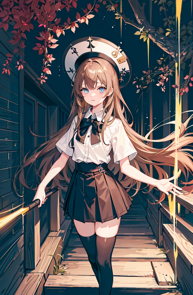 1girl, solo, outdoors, long hair, holy place, Original,(Illustration:1.1),(Best Quality),(masutepiece:1.1),(the Extremely Detailed CG Unity 8K Wallpapers:1.1), (Colorful:0.9),(mid-shot:0.95),(extremely detailed beautiful face),(Solo:1.2), (girl),(((Lori))), (Detailed beautiful eyes:1.15), (Beautiful face:1.15), (Glowing blue eyes:1.25////),(((Brown Long Hair))),(two side up),(+perfect hand+:1.21),(Draw illustration of Japan priestess costume),(slender),(White pleated skirt),(Gothic),((black thighhighs)),(frilld),(Beautiful Slender Lolita Girl),hallowween,standing, girl,, girl,underground waterway,((dark place)),((dark place)),((dark place)),((dark place)),((Dark underground canals where light does not reach)),