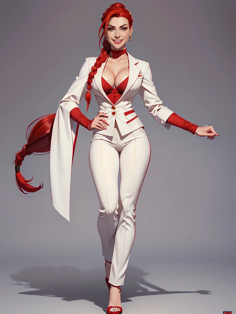 ((best quality)), ((4k)), ((highres)), ((masterpiece:1.2)). ((detailed)), ((ultra realistic)), ((intricate details)), ((full body picture)), ((character design sheet)), ((blank background)), ((standing in a blank background)), solo character, a full body shot of a sexy pale female, inhuman pale skin, pasty white skin, ((vampire pale skin))), ((ghostly pale skin like kratos from god of war)), redhead, ((vivid red hair)), braided low ponytail, ((braided low ponytail)), thin braids, slicked back hair, sexy and dangerous, evil smile on her face, ((evil smile)), about 30 years old, about 6'0 ft tall, athletic frame, character concept art, female executive, white blazer suit, white dress pants, work pants, white outfit with black details and gold adornments, ((predominantly white outfit)), ((showing cleavage)), gold office heels, fighting game character concept art, tekken character design, the king of fighters character concept