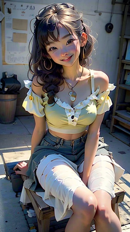{Highest quality}、{so beautiful}、{Highest quality}、{Best illustrations}、super high quality、Japanese Girls1people、Casual clothing、mini skirt、Yellow Bra、Attractive thighs、Spread your legs wide、Open your chest wide、Face of joy、Small breasts、smile、No underwear、Sitting、Raise your knees、Fold up the hem of the skirt a little