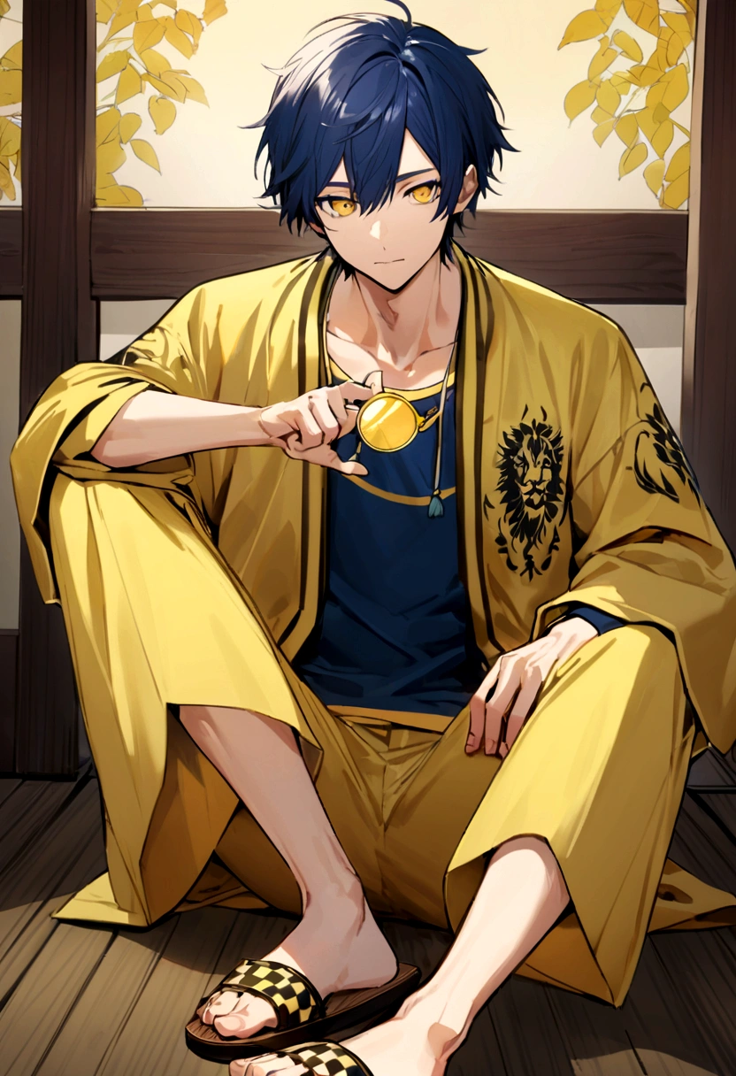 Draw a character that has a very relaxed and stylish look. He has short hair, shaggy and black. Your eyes are small and expressive, and he is holding a pair of yellow-tinted glasses in one hand. His outfit consists of a yellow bomber jacket with white details and two black lion designs on the sides of his chest.. Under the jacket, he wears a dark blue shirt with a subtle checkered pattern, matching with pants of the same color and pattern. on the feet, he wears traditional Japanese wooden slippers