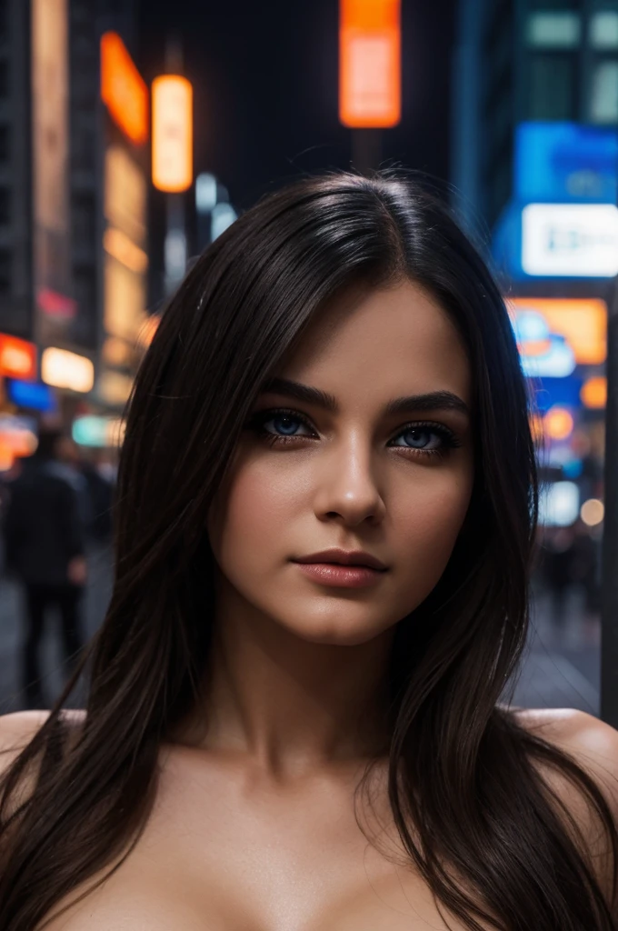 beautiful detailed eyes, beautiful detailed lips, extremely detailed eyes and face, longeyelashes, 1girl, naked, posing for the camera, middle of a big city, congested with people, midnight, city lights, cinematic lighting, dramatic contrast, dramatic shadows, neon lights, gritty urban environment, hyper realistic, photorealistic, ultra-detailed, 8k, highres, masterpiece, ultra-fine painting, physically-based rendering, vivid colors