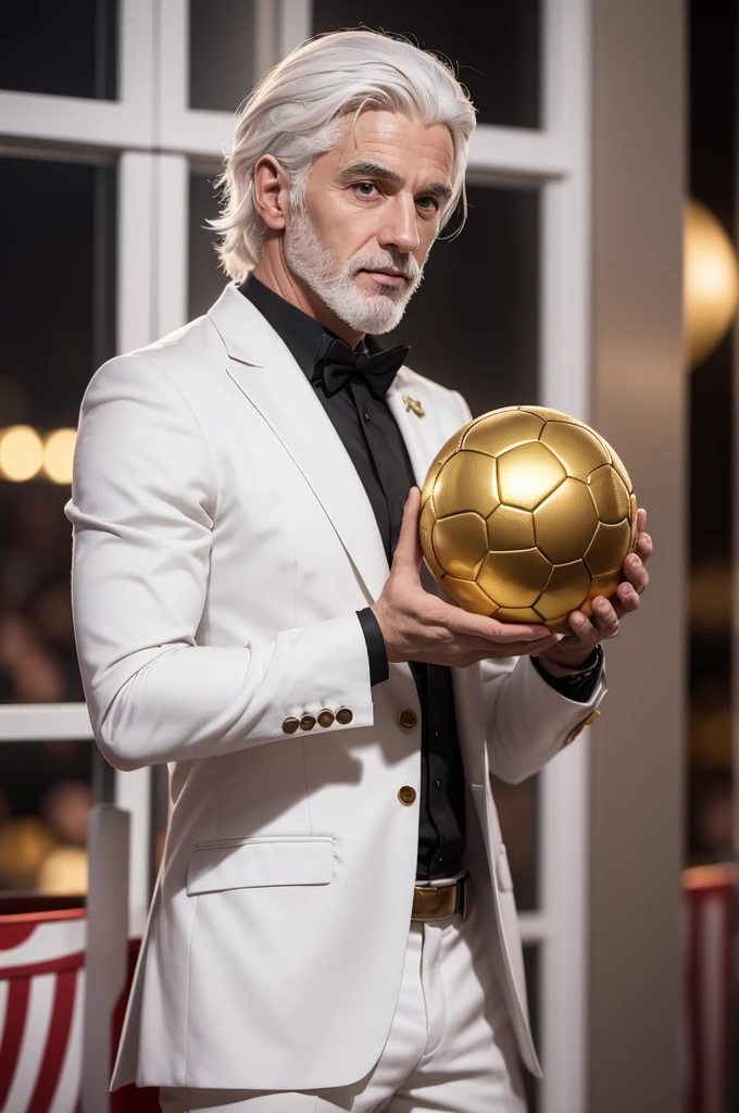 White haired man from the Atletico Madrid team holding the Golden Ball award 