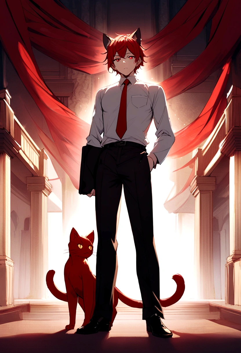 adult man crimson red eyes, long red hair and a pair of feline ears on the head, full body in office clothes, black red and white color 
