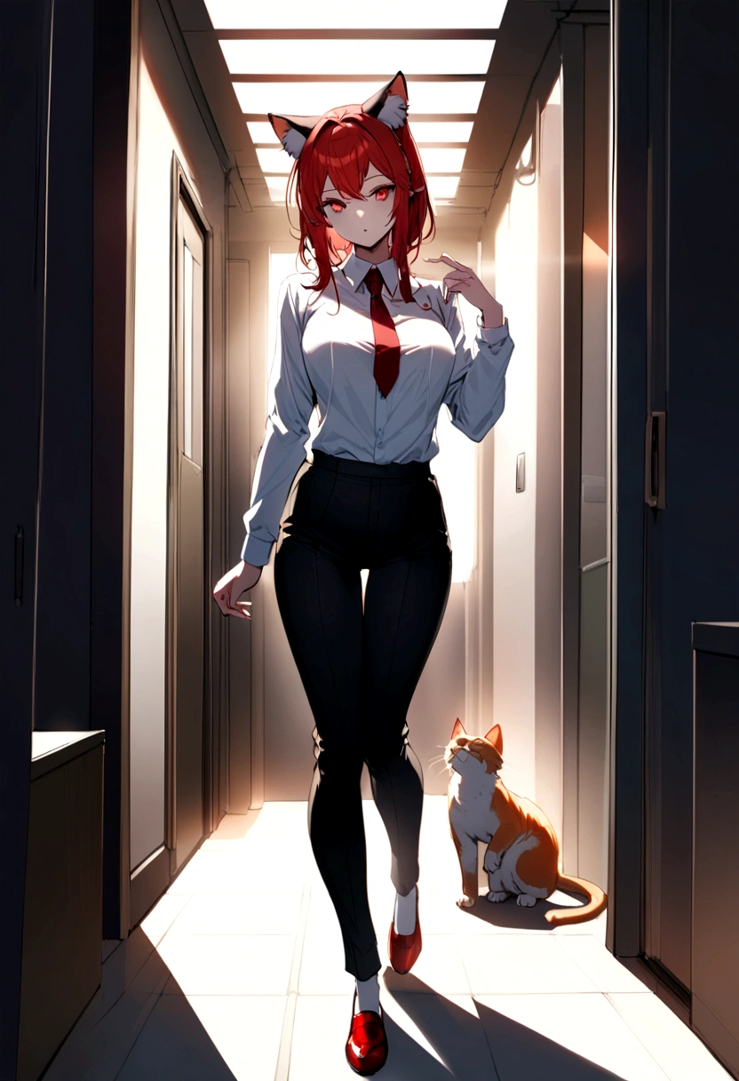 adult man crimson red eyes, long red hair and a pair of feline ears on the head, full body in office clothes, black red and white color 
