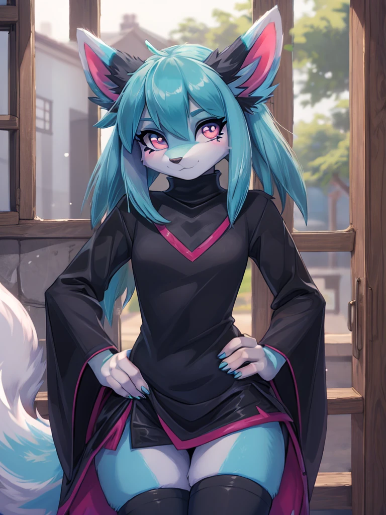 Miku Hatsune, add high definition_detail:1, blue fur,kitsune ears, tribal tattoo add_detail:1 cute high school clothes, Pretty girl, 18 year old girl, short black lycra, black metal t shirt, flirty look add_detail:3, radiant aqua iris add_detail:1, gotic girl add_detail:1