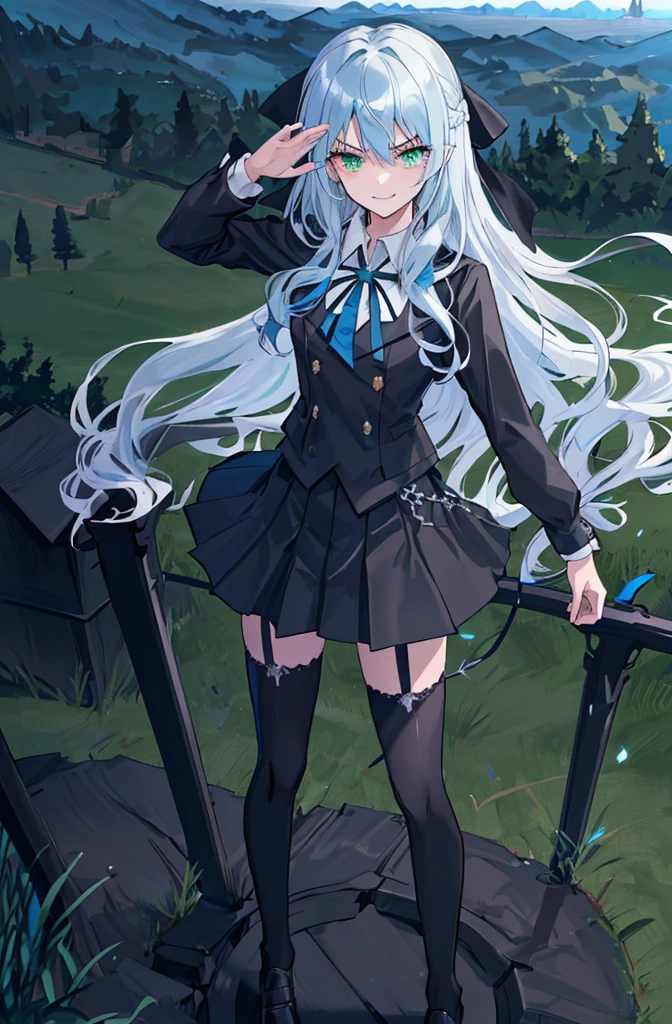 hill background,original,(illustration:1.1),(best quality),(masterpiece:1.1),(extremely detailed CG unity 8k wallpaper:1.1), (colorful:0.9),(mid shot:0.95),(highly detailed beautiful face and body),(solo:1.2), (girl),(((adult))), (detailed beautiful eyes:1.15), (beautiful face:1.15), (glowing green eyes:1.25////),((jewel-like eyes)),(petite),(cute girl),(((blue long hair))),((blue long hair)),(wavy hair),((wavy hair)),(+perfect hand+:1.21),(gothic school uniform),(Religious),(slender),(black clothes),(gothic ribbon),ribbon tie,small breasts,miniskirt,gothic boots,black thighhighs,slim body,(evil smile),detailed background,eluding,?????? thighs,((stand ready for enemy attack)),((on the hill)),((angle from above)),(angry),slightly elevated location,There is a little grass and trees around,You can see the village in the distance,from side,