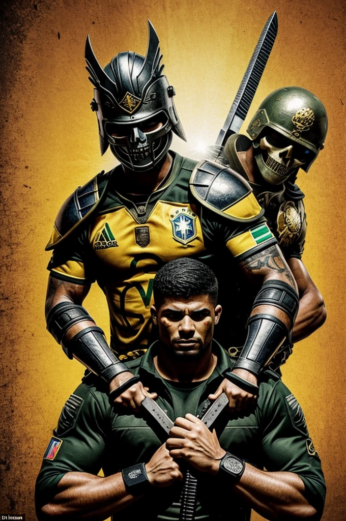 God warriors logo with weapons, with a brazil world cup massacring a soldier with a skull mask