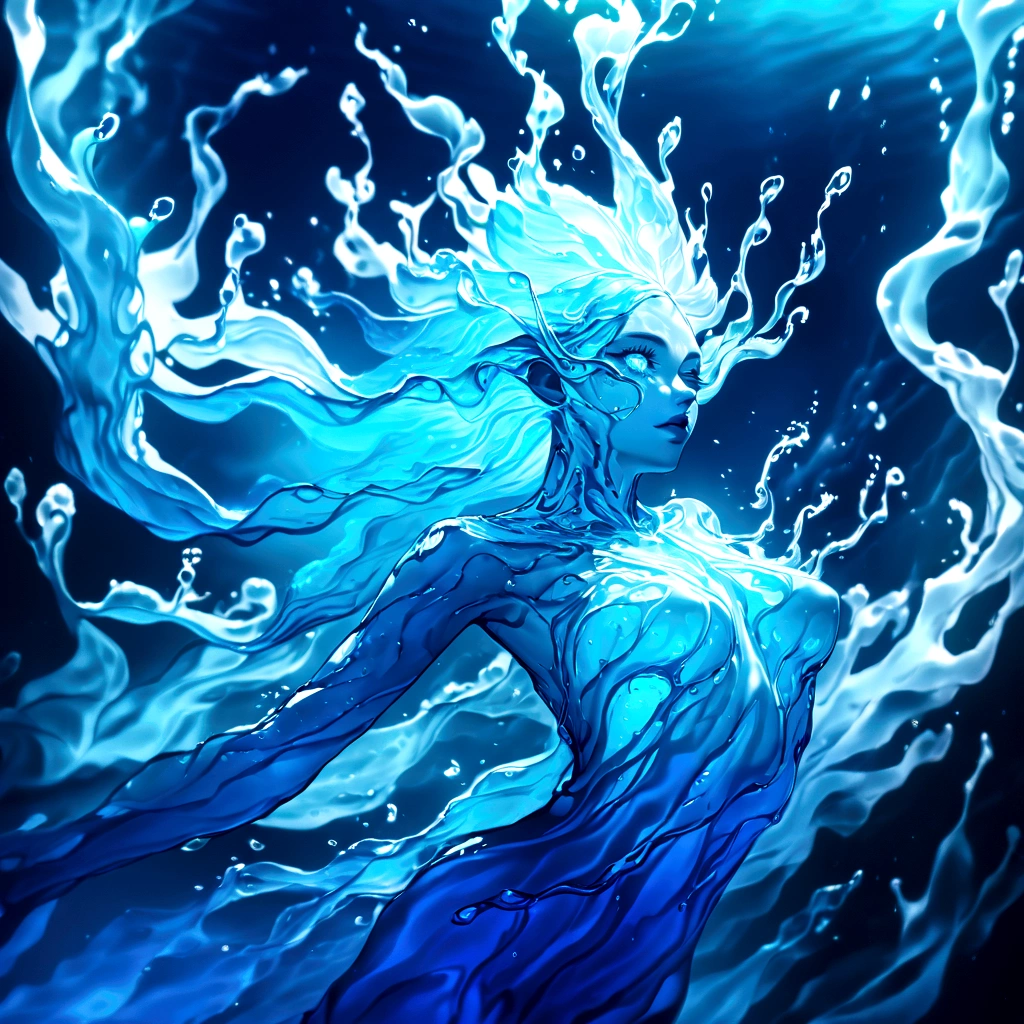 a genasi made of water, woman with water-like skin and flowing blue hair, beautiful detailed eyes, beautiful detailed lips, extremely detailed face, long eyelashes, graceful pose, underwater scene, glowing bioluminescent plants, ethereal lighting, cinematic, dramatic, vibrant colors, fantasy, digital painting, 8k, hyper detailed, masterpiece