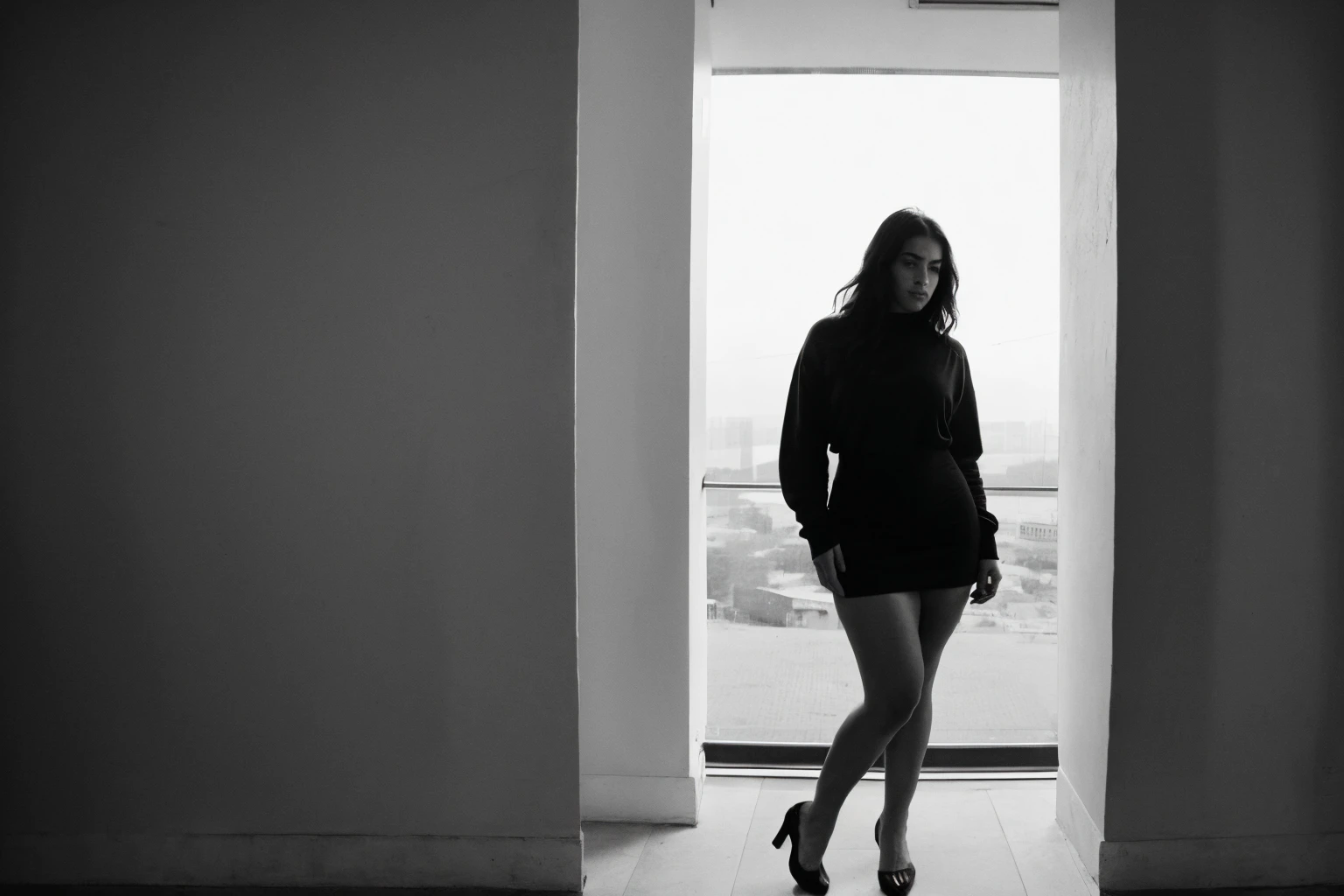 RAW photo,dark,moody,hazy atmosphere,35mm focal lenght,underexposed,cold,candid photograph,artistic,full body,photo of a beautiful,influencer,30yo Iranian woman,detailed skin,naked, looking away from viewer, thick body structure,grey background,no background, candid pose,dim room,blue light, film grain, kodak color, instagram LUT
