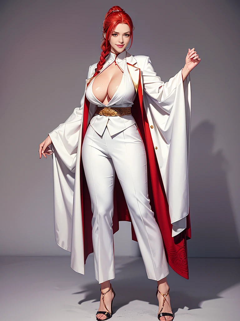 ((best quality)), ((4k)), ((highres)), ((masterpiece:1.2)). ((detailed)), ((ultra realistic)), ((intricate details)), ((full body picture)), ((character design sheet)), ((blank background)), ((standing in a blank background)), solo character, a full body shot of a sexy pale female, inhuman pale skin, pasty white skin, ((vampire pale skin))), ((ghostly pale skin like kratos from god of war)), redhead, ((vivid red hair)), braided low ponytail, ((braided low ponytail)), thin braids, slicked back hair, sexy and dangerous, evil smile on her face, ((evil smile)), about 30 years old, about 6'0 ft tall, athletic frame, character concept art, female executive, white blazer suit, white dress pants, work pants, white outfit with black details and gold adornments, ((predominantly white outfit)), ((showing cleavage)), gold office heels, fighting game character concept art, tekken character design, the king of fighters character concept
