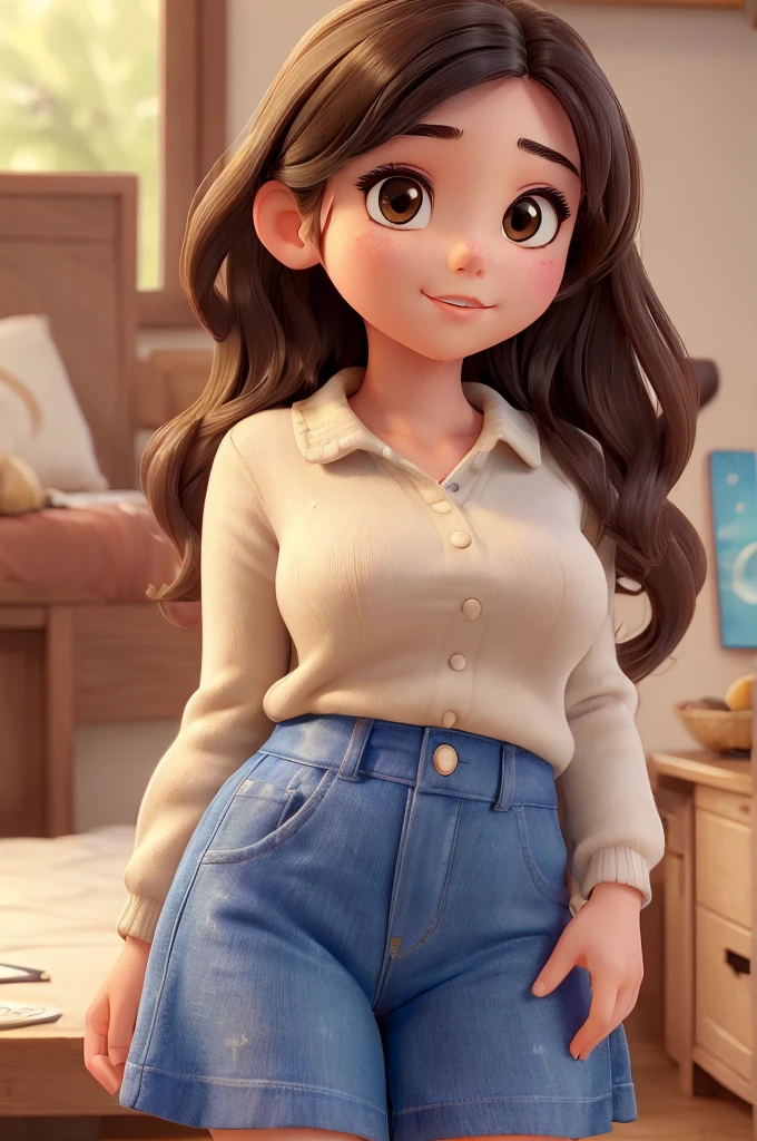 ((best quality)), ((masterpiece)), (detailed), perfect face Please draw a young woman with a plump body, Asian eyes, slightly wavy hair with a side bang, dressed in comfortable and fashionable clothes.