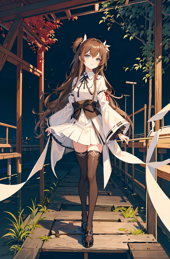 1girl, solo, outdoors, long hair, holy place, Original,(Illustration:1.1),(Best Quality),(masutepiece:1.1),(the Extremely Detailed CG Unity 8K Wallpapers:1.1), (Colorful:0.9),(mid-shot:0.95),(extremely detailed beautiful face),(Solo:1.2), (girl),(((Lori))), (Detailed beautiful eyes:1.15), (Beautiful face:1.15), (Glowing blue eyes:1.25////),(((Brown Long Hair))),(two side up),(+perfect hand+:1.21),(Draw illustration of Japan priestess costume),(slender),(White pleated skirt),(Gothic),((black thighhighs)),(frilld),(Beautiful Slender ta Girl),hallowween,standing, girl,10 yirl,underground waterway,((dark place)),((dark place)),((dark place)),((dark place)),((Dark underground canals where light does not reach)),