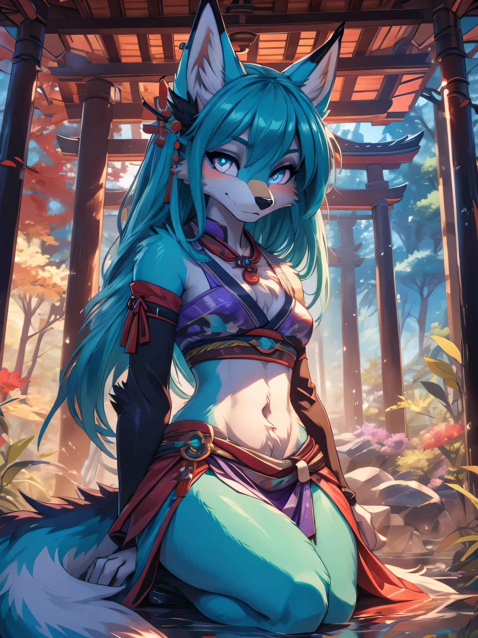 Miku Hatsune x vixen , purple body alta definicion buena anatomia add_detail:1, pelo azul,orejas de kitsune, tatuaje tribal add_detail:1, cute girl add_detail:1, add_detail:1, japanese shrine landscape add_detail:1, fullbody  descalza add_detail, rostro altamente detallados, deep aqua iris add_detail:1 lighting eyes add_detail:3, garras de lobo, colmillos afilados add_detail:1, zorra salvaje add_detail:1, aura de luz resplandeciente add_detail:3,  sakuras landscape add_detail:1, samurai warrior