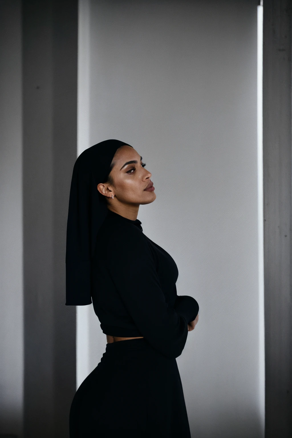 RAW photo,dark,moody,hazy atmosphere,35mm focal lenght,underexposed,cold,candid photograph,artistic,full body,photo of a beautiful,influencer,30yo Moroccan woman,black, hijab,detailed skin,naked, looking away from viewer, thick body structure,grey background,no background, candid pose,dim room,blue light, film grain, kodak color, instagram LUT