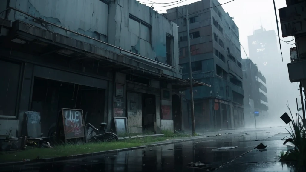 (best qualityer, high resolution),ultra detali, cinematic lighting, Dark and moody, , surreal, swirly vibrant colors, smoke and fog, raining, neon lights, reflections, Ruined buildings, abandoned streets, vidro quebrado, graffit, mysterious shadows, melancholic expression, glare eyes, futuristic city scape, Post-apocalyptic, strange environment