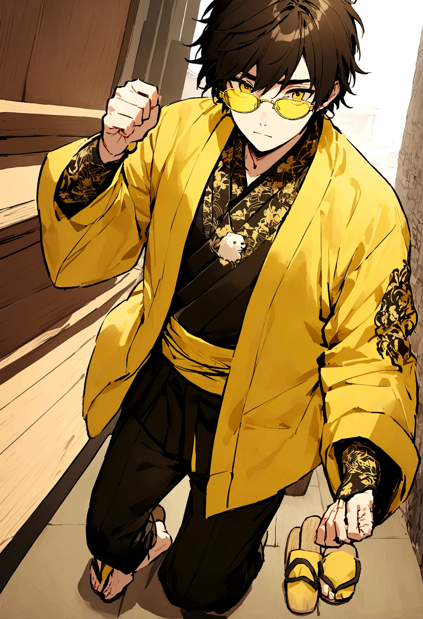 Draw a character that has a very relaxed and stylish look. He has short hair, shaggy and black. Your eyes are small and expressive, and he is holding a pair of yellow-tinted glasses in one hand. His outfit consists of a yellow bomber jacket with white details and two black lion designs on the sides of his chest.. Under the jacket, he wears a black kimono , matching with pants of the same color and pattern. on the feet, he wears traditional Japanese wooden slippers