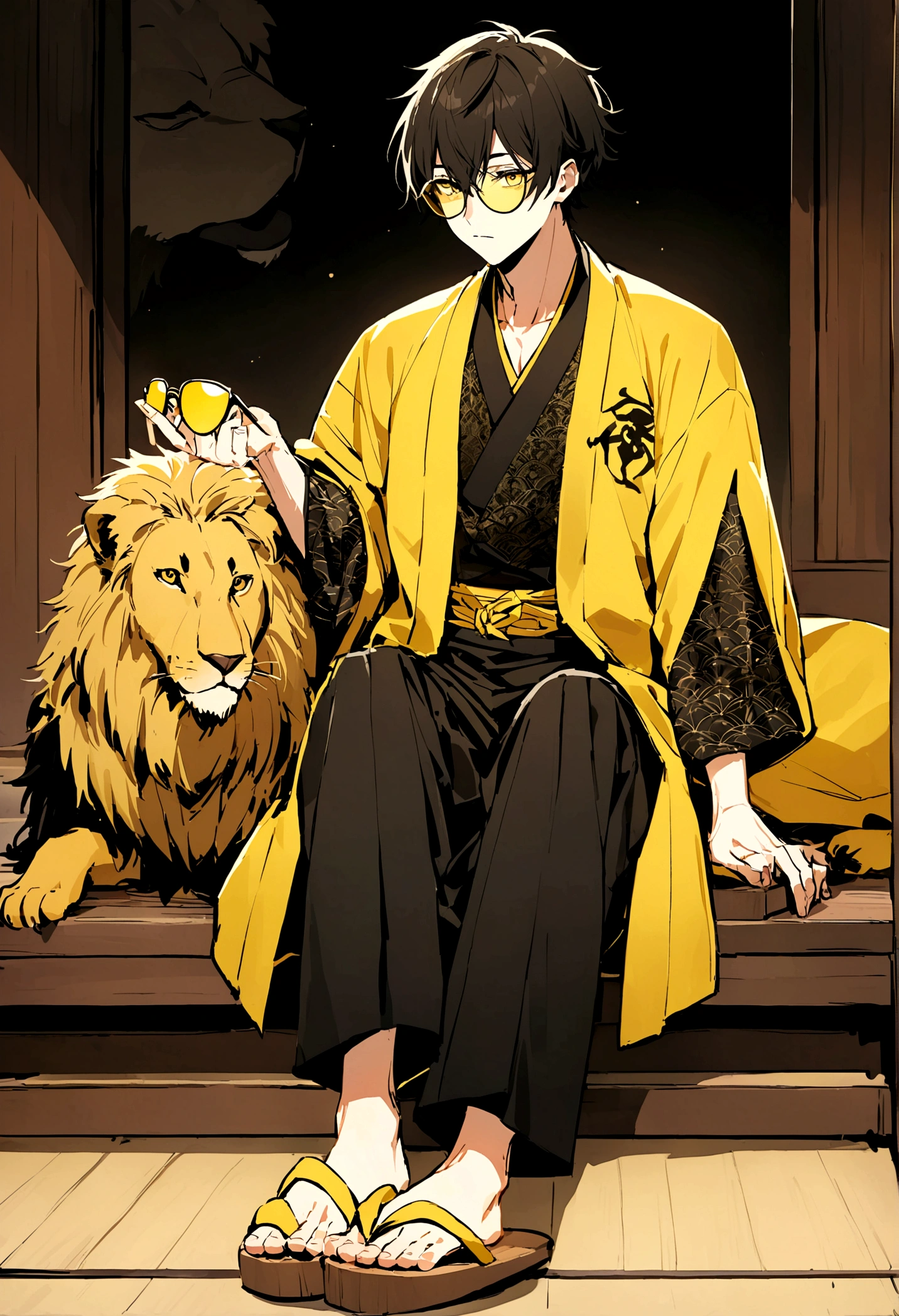 Draw a character that has a very relaxed and stylish look. He has short hair, shaggy and black. Your eyes are small and expressive, and he is holding a pair of yellow-tinted glasses in one hand. His outfit consists of a yellow bomber jacket with white details and two black lion designs on the sides of his chest.. Under the jacket, he wears a black kimono , matching with pants of the same color and pattern. on the feet, he wears traditional Japanese wooden slippers