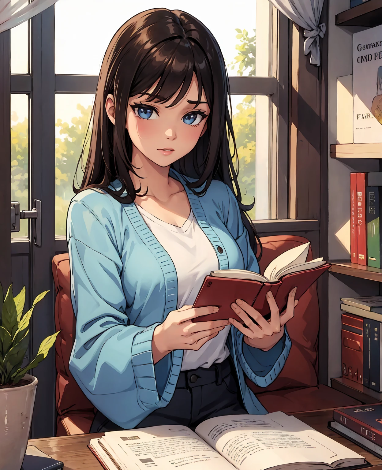 Reading a textbook, beautiful girl