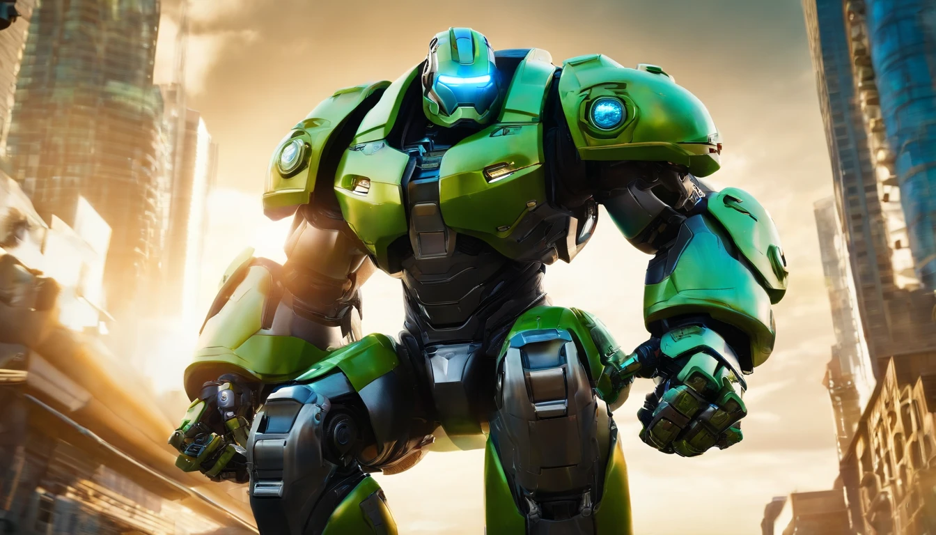 RAW, Masterpiece, Best Quality, Anime-like, non-realistic, Sunlight, Full Body Portrait, Stunningly Beautiful,, Dynamic Poses, Face, Vibrant Eyes, (Side View), Battle Pose, he is wearing Hulkbuster-like mech, blue, neon green and teal color scheme, detailed and complex busy background, high quality, film grain, lomography, modern day, vancouver canada, view from below, translucent, replusor cannons on shoulders, fully suited, hockey goalie helmet, rocket cannons on arms, no face, hockey goalie facemask, white stripe decal down shoulder