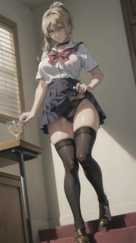 ((Correct Anatomy)),(on stage),(Female student),((school uniform)),((Short sleeve)),(Mini Pleated Skirt),(((Black Stockings))),((Lace panties)),(Stand on the stairs of the school),Ultra-high resolution,Mature Woman, Mature Woman, Very detailed,Sunburned skin,Brown Skin, (Big Breasts),((Beautiful feet)),Perfect hands, Detailed fingers, Beautiful details, ((Long blonde hair)),((ponytail)),Black Choker, Earrings,loafers,Perfect Eyes, Captivating eyes,(open-chest)