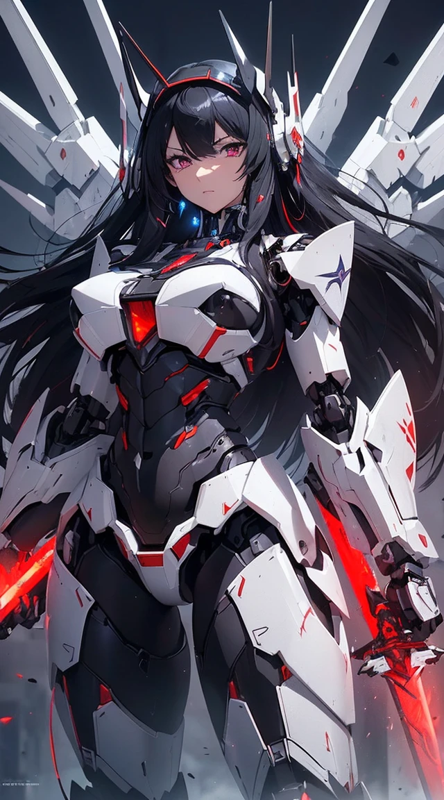 ((Shining lenses on both breasts:1.3))、((Pillars of red light radiate from both chests..:1.3))、((Attack pose:1.6))、((He has a red sword and a long rifle:1.6))、((Battle Scenes:1.8))、((8K)), ((32k)), ((Highest quality)), ((masterpiece)), ((超A high resolution)), ((Tmasterpiece)), ((Halation:1.4))、((Mechaニカルheadgear:1.2))、((Cyber Headphones:1.3))Fine skin, High quality fabric, High-quality metal texture、((Beautiful and dense face))、RAW Photos、Professional, Ultra-fine painting, ((alone)), Beautiful breasts、Highest quality, Very detailed, Very detailed詳細, Finer details, so beautiful, ((Black Knight Robot:1.2)), (Joint of the machine, Mechanical Limbs:1.3), (The internal structure of the machine is exposed:1.3), (Long black hair:1.1), (Beautiful and huge mechanical breasts)、White Veil, cowboy_shot, Side Focus, headgear, Shiny、(Five Fingers, Four fingers and thumb),Concept Art, Anime fantasy artwork, Detailed fantasy art, (Has light blue-purple hair and black wings,,,,,,), (((Long black hair))), (Mecha:1.6)、Sleek and intimidating design, (Jet black perfect robot body)、Jet black and reddish purple arms, Symmetrical wings, 8K High Resolution, Detailed Art, 3D rendering of character art in 8K, neat legs, Defined, Defined fingers,((headshot:1.6))