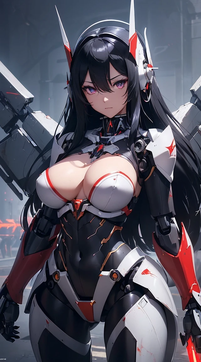 ((Shining lenses on both breasts:1.3))、((Pillars of red light radiate from both chests..:1.3))、((Attack pose:1.6))、((He has a red sword and a long rifle:1.6))、((Battle Scenes:1.8))、((8K)), ((32k)), ((Highest quality)), ((masterpiece)), ((超A high resolution)), ((Tmasterpiece)), ((Halation:1.4))、((Mechaニカルheadgear:1.2))、((Cyber Headphones:1.3))Fine skin, High quality fabric, High-quality metal texture、((Beautiful and dense face))、RAW Photos、Professional, Ultra-fine painting, ((alone)), Beautiful breasts、Highest quality, Very detailed, Very detailed詳細, Finer details, so beautiful, ((Black Knight Robot:1.2)), (Joint of the machine, Mechanical Limbs:1.3), (The internal structure of the machine is exposed:1.3), (Long black hair:1.1), (Beautiful and huge mechanical breasts)、White Veil, cowboy_shot, Side Focus, headgear, Shiny、(Five Fingers, Four fingers and thumb),Concept Art, Anime fantasy artwork, Detailed fantasy art, (Has light blue-purple hair and black wings,,,,,,), (((Long black hair))), (Mecha:1.6)、Sleek and intimidating design, (Jet black perfect robot body)、Jet black and reddish purple arms, Symmetrical wings, 8K High Resolution, Detailed Art, 3D rendering of character art in 8K, neat legs, Defined, Defined fingers,((headshot:1.6))