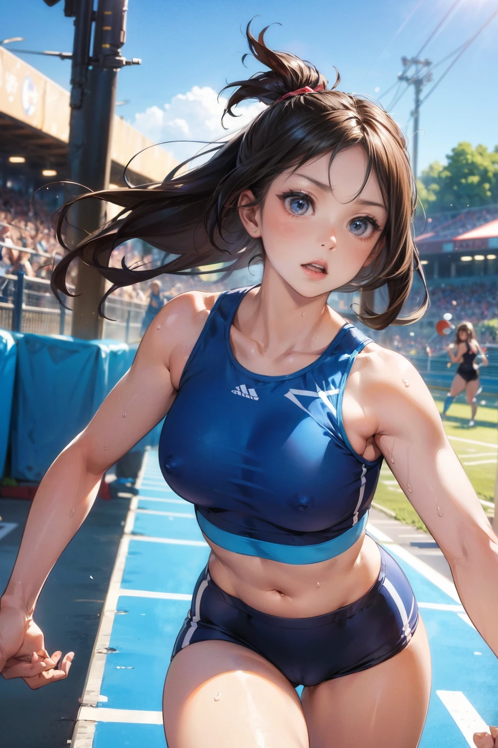 Photo of a 20 year old woman, Perfect Face, masterpiece, good, Sports bra,Racing Bloomers、good,  Dynamic Perspective、Run at full speed、Sweat flying、Runner&#39;s High、Run towards the viewer、Track and Field、Nipple swelling、Pussy Cameltoe