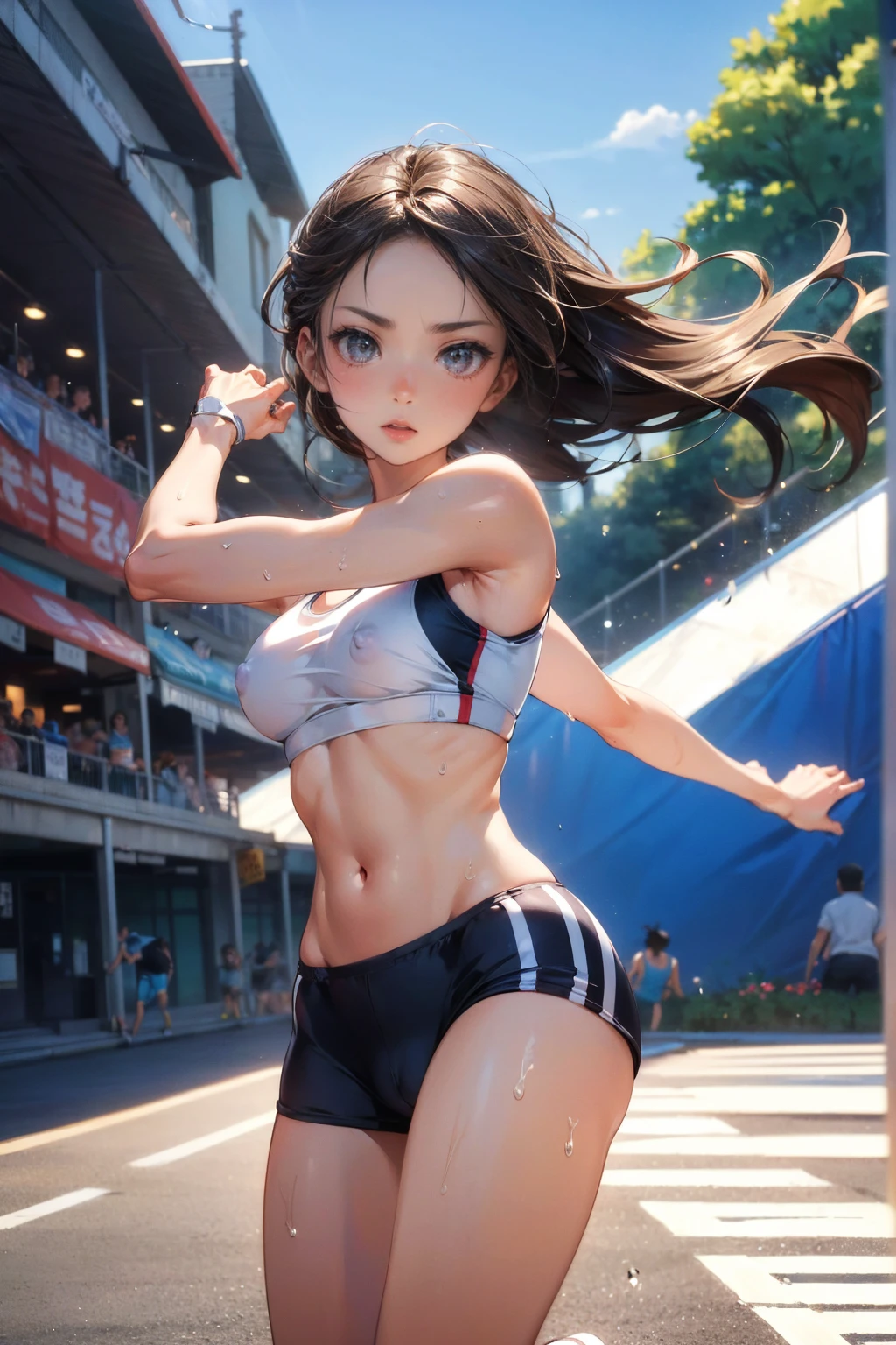 Photo of a 20 year old woman, Perfect Face, masterpiece, good, Sports bra,Racing Bloomers、good,  Dynamic Perspective、Run at full speed、Sweat flying、Runner&#39;s High、Run towards the viewer、Track and Field、Nipple swelling、Pussy Cameltoe