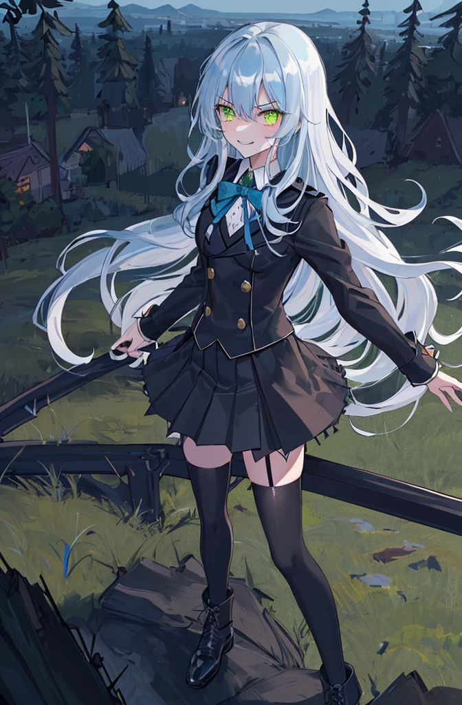 hill background,original,(illustration:1.1),(best quality),(masterpiece:1.1),(extremely detailed CG unity 8k wallpaper:1.1), (colorful:0.9),(mid shot:0.95),(highly detailed beautiful face and body),(solo:1.2), (girl),(((adult))), (detailed beautiful eyes:1.15), (beautiful face:1.15), (glowing green eyes:1.25////),((jewel-like eyes)),(petite),(cute girl),(((blue long hair))),((blue long hair)),(wavy hair),((wavy hair)),(+perfect hand+:1.21),(gothic school uniform),(Religious),(slender),(black clothes),(gothic ribbon),ribbon tie,small breasts,miniskirt,gothic boots,black thighhighs,slim body,(evil smile),detailed background,eluding,erotic thighs,((stand ready for enemy attack)),((on the hill)),((angle from above)),(angry),slightly elevated location,There is a little grass and trees around,You can see the village in the distance,from side,