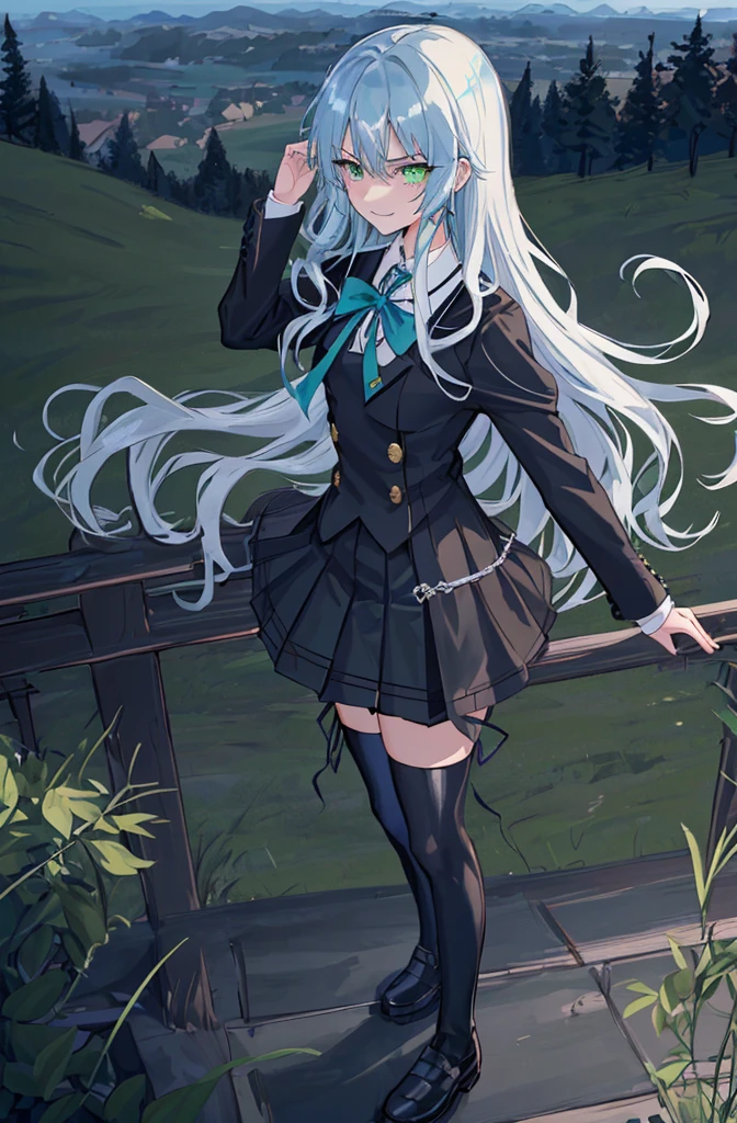 hill background,original,(illustration:1.1),(best quality),(masterpiece:1.1),(extremely detailed CG unity 8k wallpaper:1.1), (colorful:0.9),(mid shot:0.95),(highly detailed beautiful face and body),(solo:1.2), (girl),(((adult))), (detailed beautiful eyes:1.15), (beautiful face:1.15), (glowing green eyes:1.25////),((jewel-like eyes)),(petite),(cute girl),(((blue long hair))),((blue long hair)),(wavy hair),((wavy hair)),(+perfect hand+:1.21),(gothic school uniform),(Religious),(slender),(black clothes),(gothic ribbon),ribbon tie,small breasts,miniskirt,gothic boots,black thighhighs,slim body,(evil smile),detailed background,eluding,erotic thighs,((stand ready for enemy attack)),((on the hill)),((angle from above)),(angry),slightly elevated location,There is a little grass and trees around,You can see the village in the distance,from side,