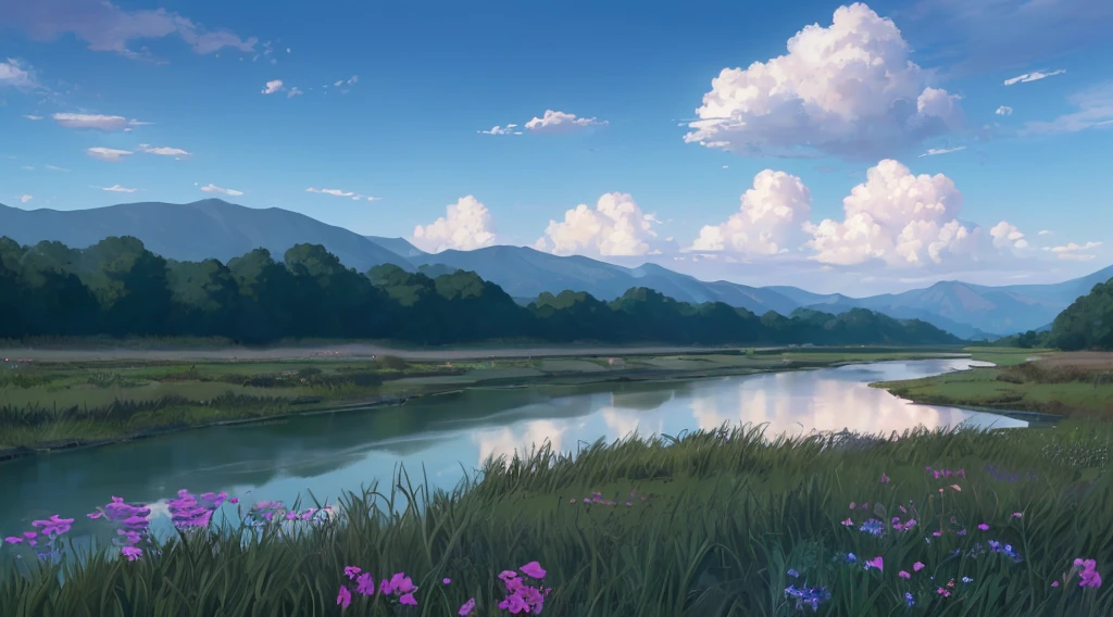 16k quality, masterpice, epic light, natural Subsurface scattering on plants, big and gorgeous skies, ultra detailed flowers with different colors in prim plan, dinamic river being by grass, contrast and joyfull real-nature colors